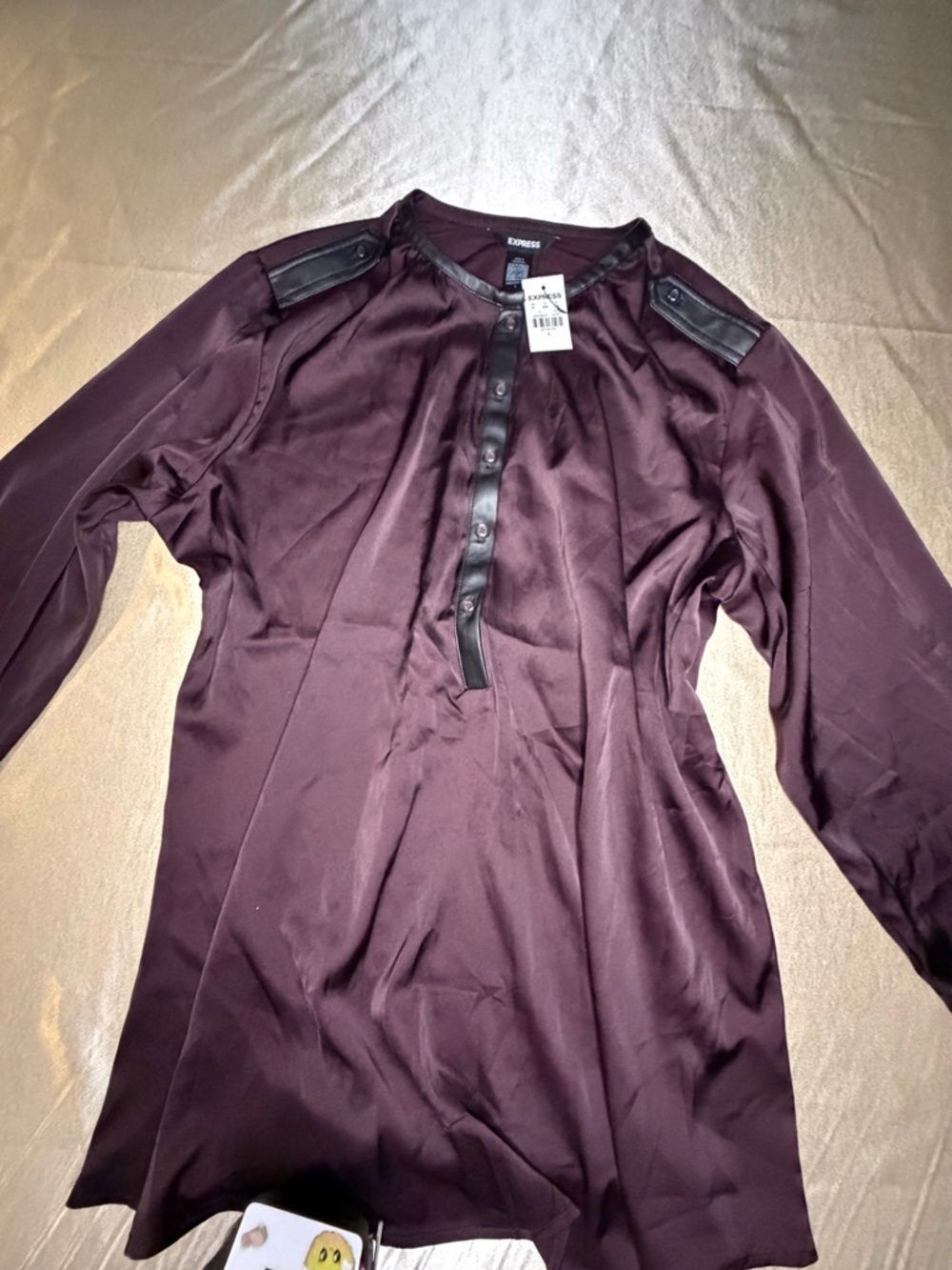 Express NWT Burgundy Satin Henley Blouse with Faux Leather Trim, Size L